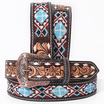 BAR H EQUINE Genuine Beaded Floral Hand Tooled Western Leather Men And Women Belt